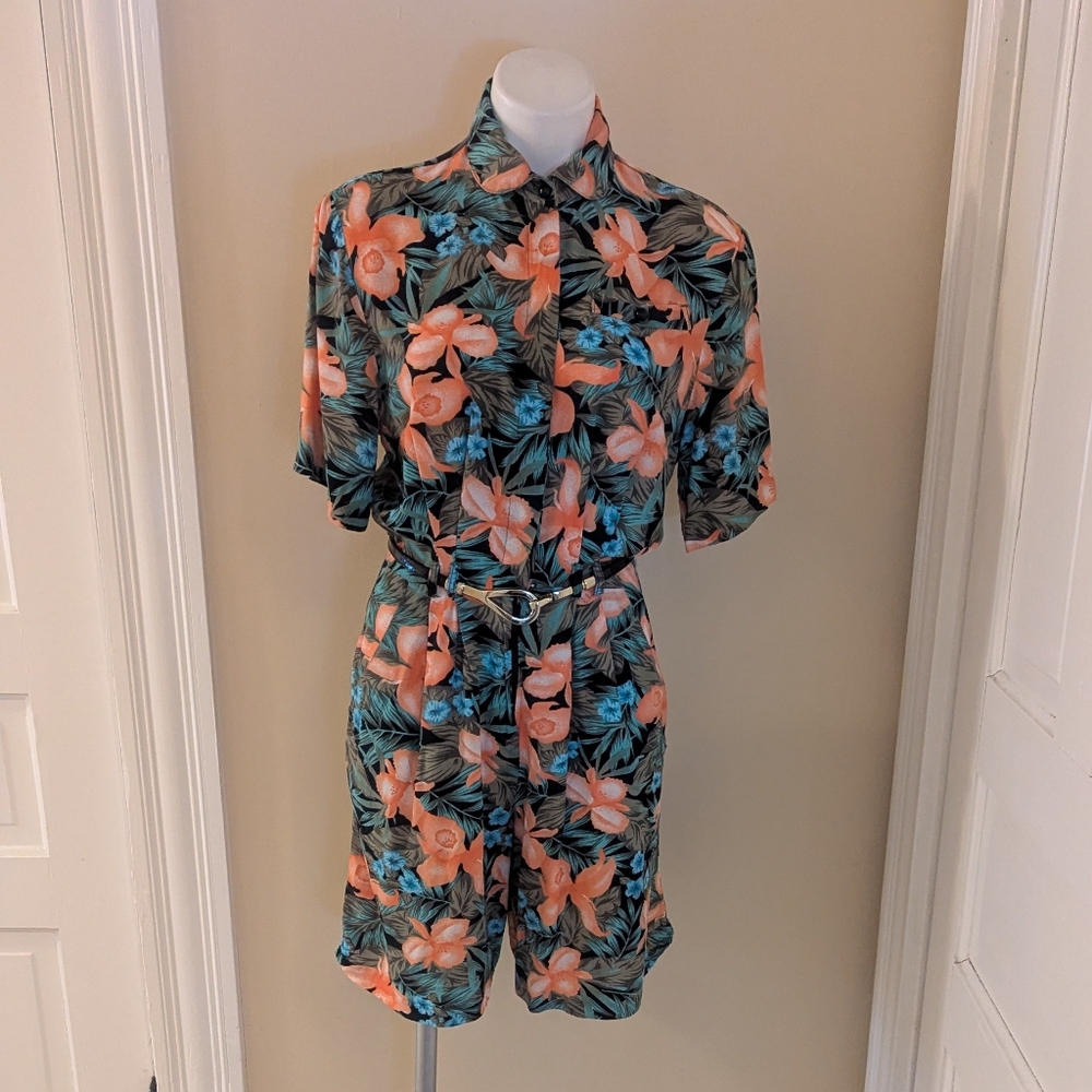 Vintage BD Sport peach, green & blue tropical floral romper size S